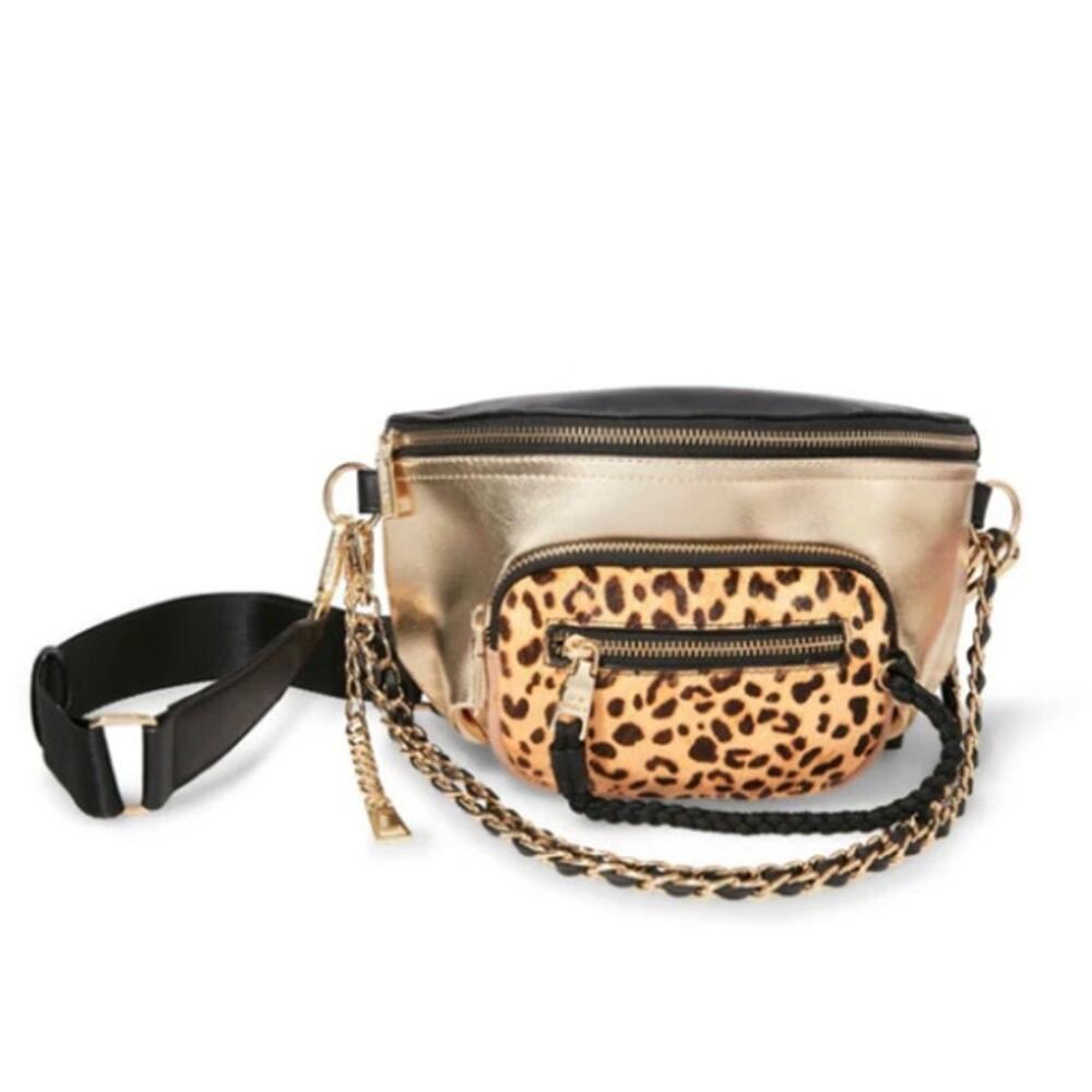 Steve Madden Gold Leopard Print Belt Bag Fanny Pack Chain Strap Crossbody